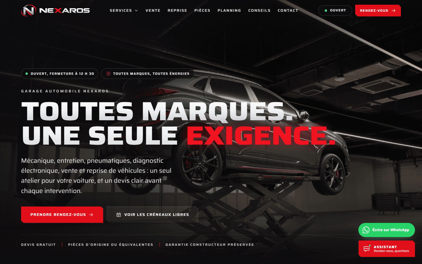 Nexaros garage website homepage