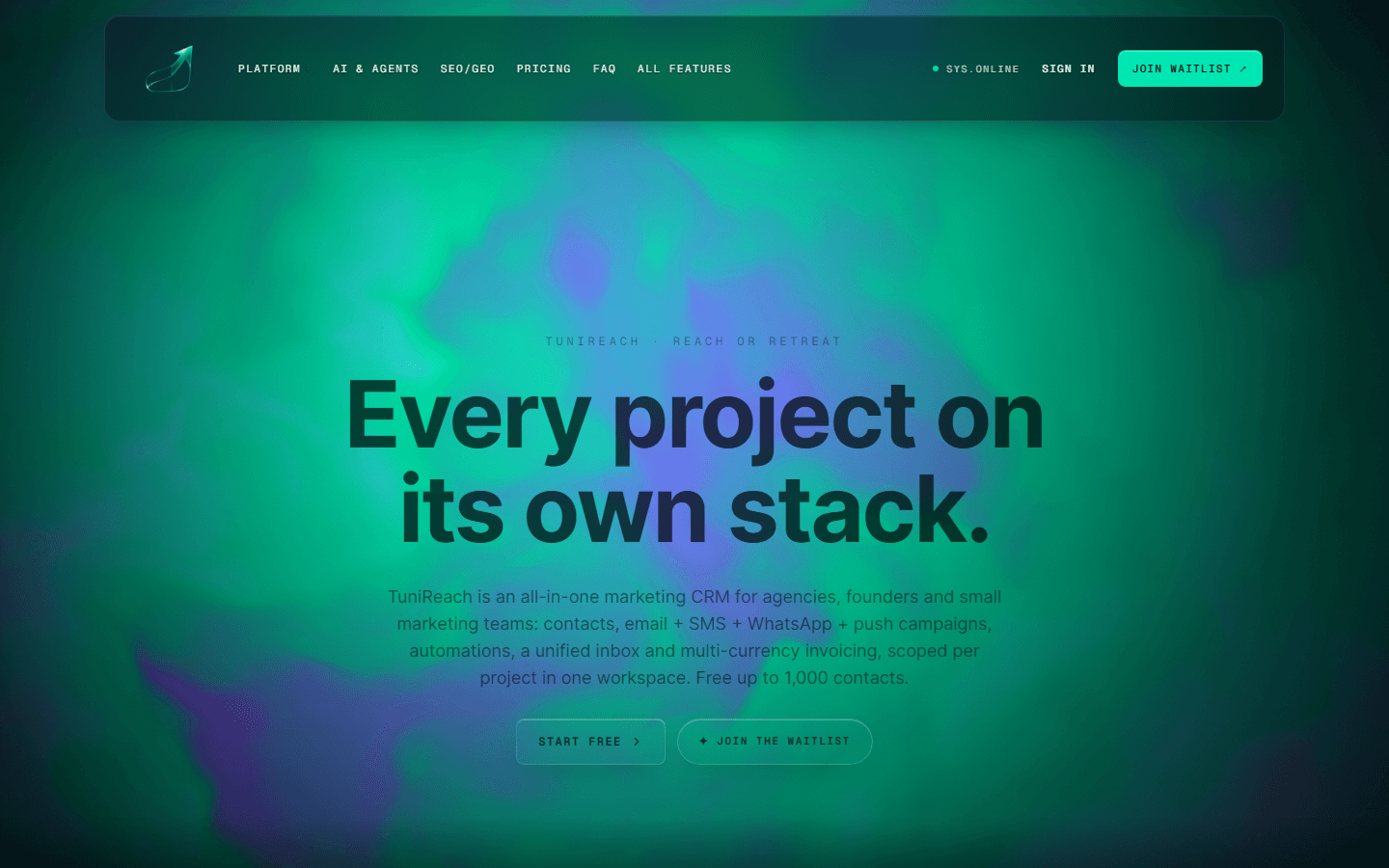 TuniReach marketing CRM homepage